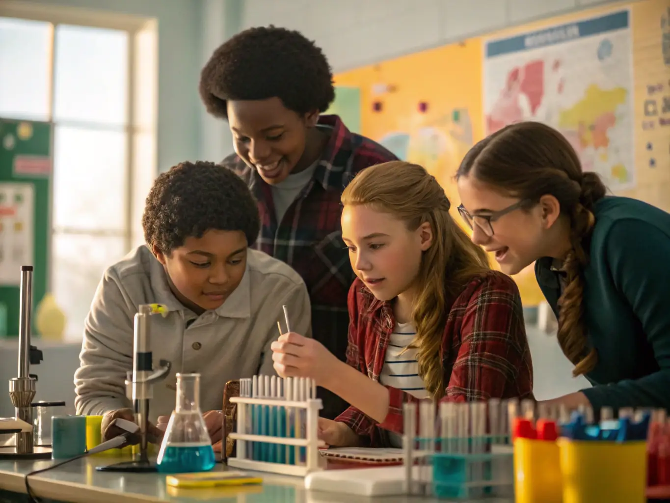 A photograph capturing a group of students working together on a science project in a classroom setting, showcasing collaboration and hands-on learning.