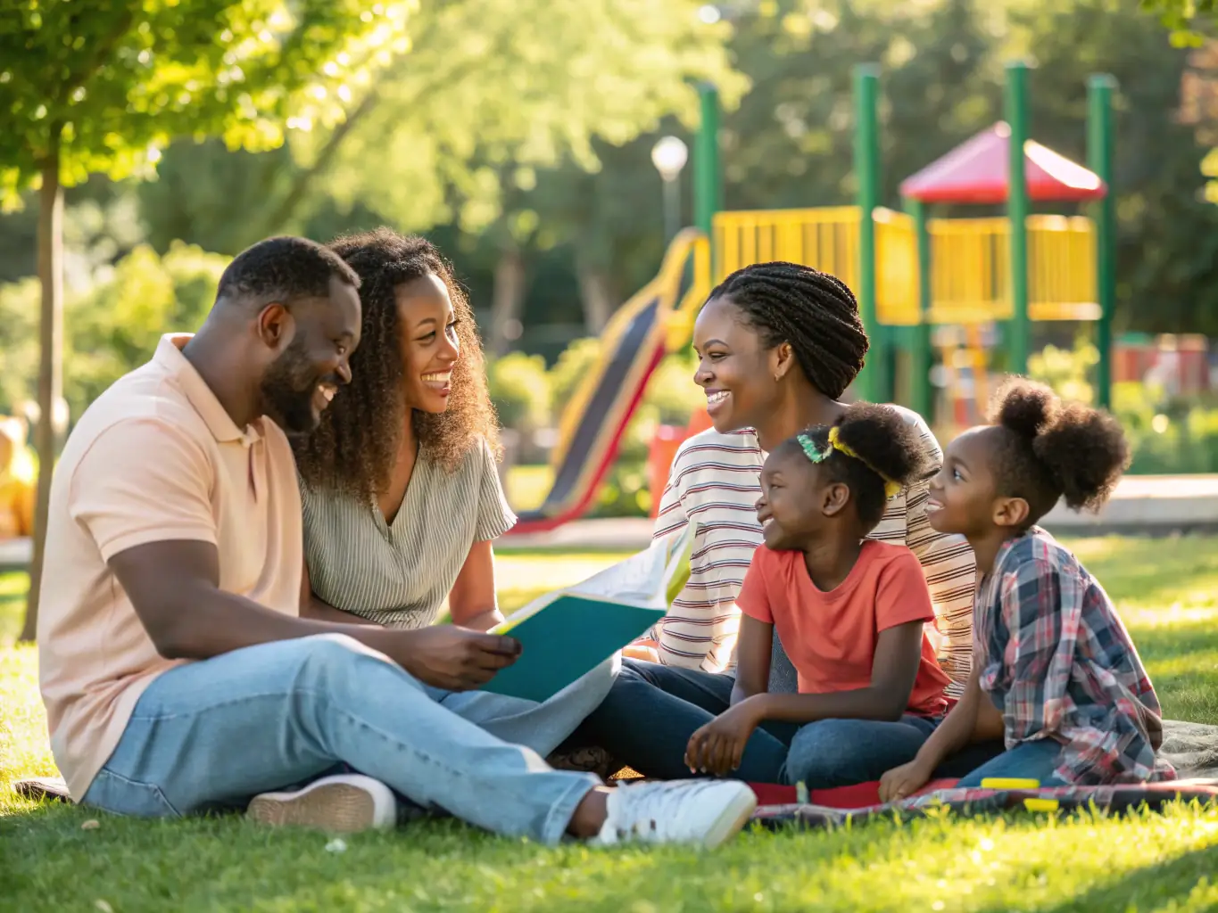 An image of a diverse group of parents and children participating in a community workshop outdoors, smiling and engaging in activities.